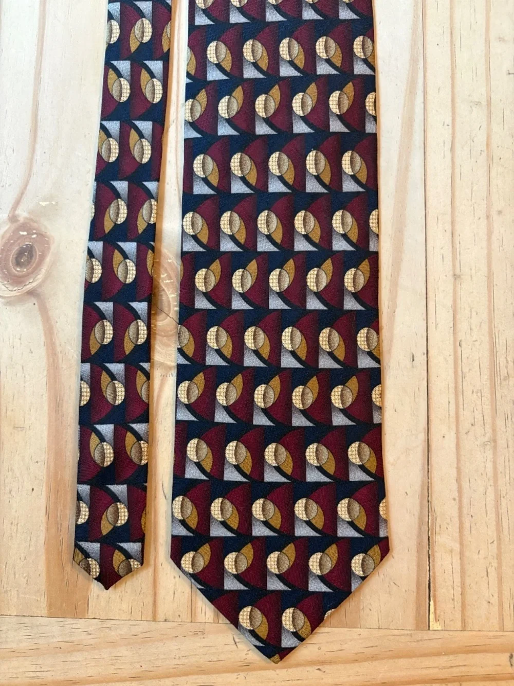 Vintage Louis Roth Silk Geometric Abstract Necktie Maroon Gold Silver